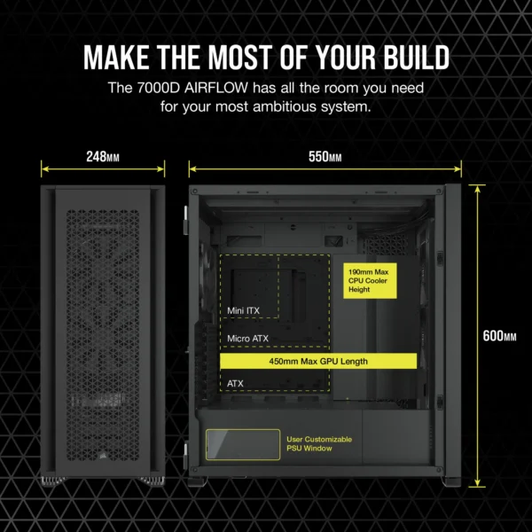 7000D Airflow Black Tempered Glass Mid-Tower; 6x 3.5'' |  4x 2.5'' Drive Bays ; 480mm Radiator Compatible; 3x140mm fan incl - Image 21
